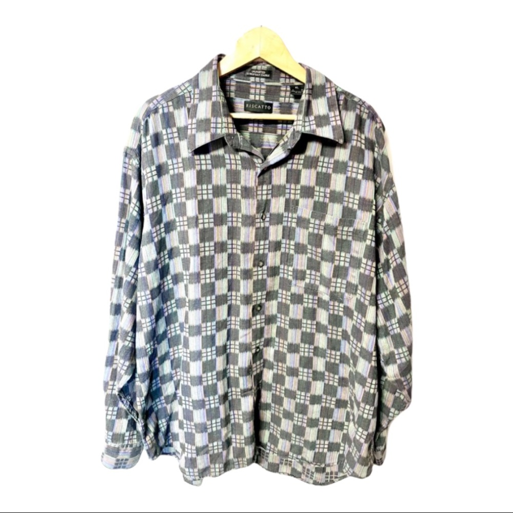 Riscatto casual soft checkered /rainbow strip long sleeve dress shirt #23E